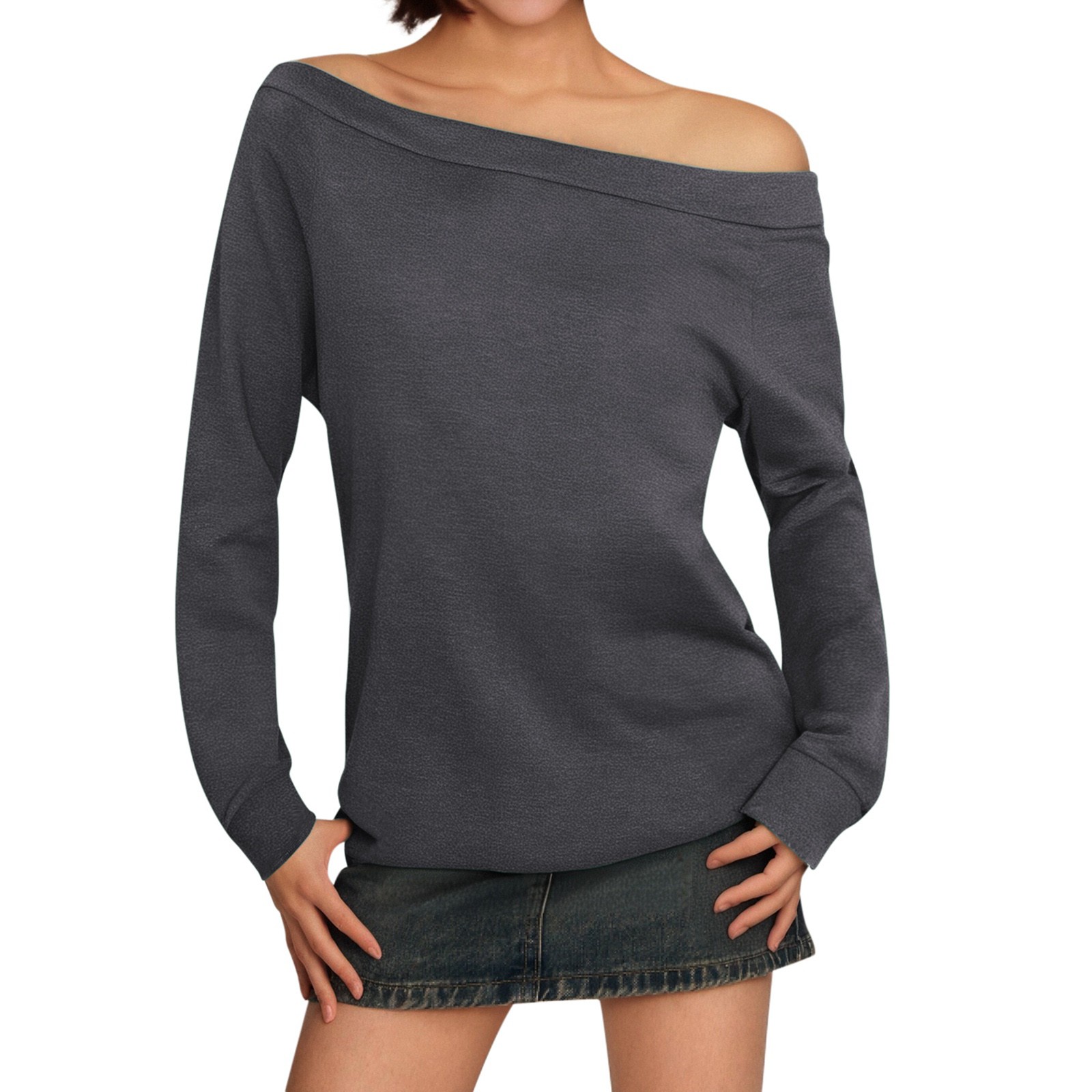thumbnail image 1 of Blusa de manga larga con hombros descubiertos para mujer - Camiseta informal de verano de color liso, 1 of 6